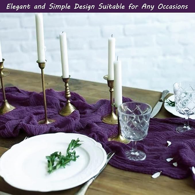12 Pack 10Ft Cheesecloth Table Runner 35x120 Inch Boho Gauze Table Runner Rustic Cheese Cloth Long Romantic Table Runners for Wedding Bridal Shower Birthday Party Table Decor (Dark Purple)
