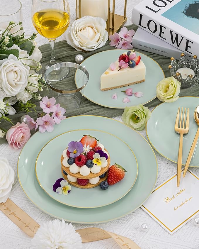 bUCLA 150PCS Green Plastic Plates - Sage Green with Gold Rim Disposable - Include 25 (Dinner & Dessert) Plates, 25 Knives, 25 Forks, 25 Spoons and 25 Cups for Party, Birthday & Spring