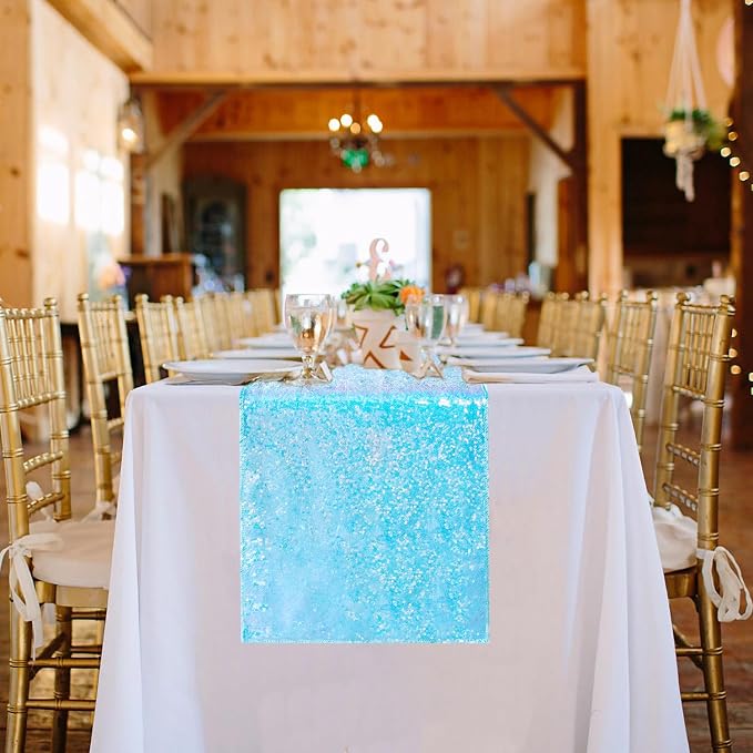 10 Packs 12 x 72 inches Mermaid Blue Sequin Table Runner, Glitter Runner for Birthday Party Supplies Wedding Holiday Celebration Baby Shower Engagement Anniversary Decor