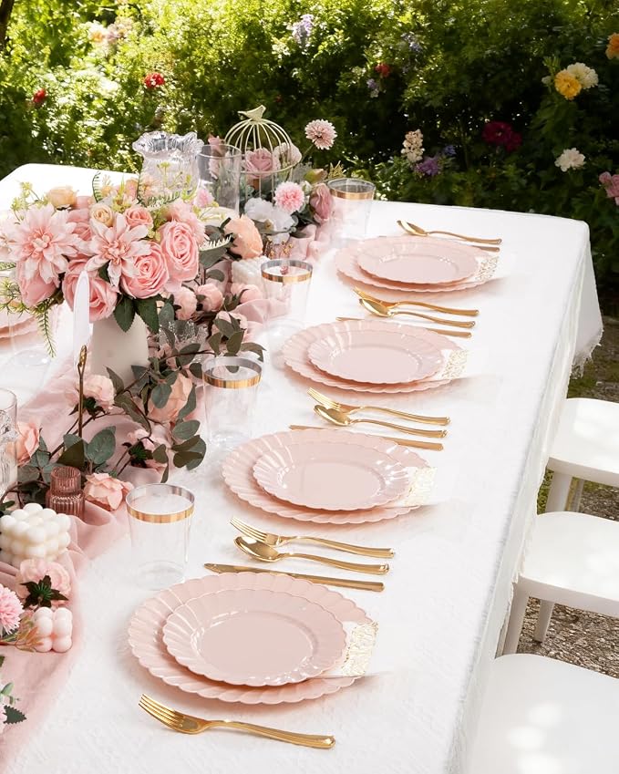 YOUBET 100PCS Pink Scalloped Plastic Plates - Heavy Duty Pink Disposable Fancy Hard Plates Include 50 Dinner Plate, 50 Dessert Plate, for Wedding & Party