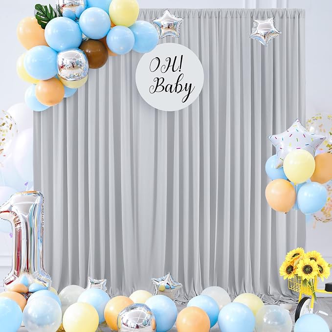 20ft×10ft Silver Grey Wrinkle Free Backdrop Curtains for Parties, 4 Panels 5×10ft Thick&Silky Polyester Silver Photo Backdrop Drapes Curtains for Birthday Party Baptism Photography Home Decor