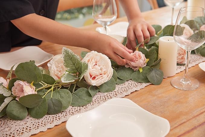 MISSPIN 2pcs Artificial Flowers Garland Spring Eucalyptus Garland Vintage Fake Flower Peony Rose Vine Greenery Decorative Wall Hanging Plant for Wedding Arch Door Arrangement Party Decor