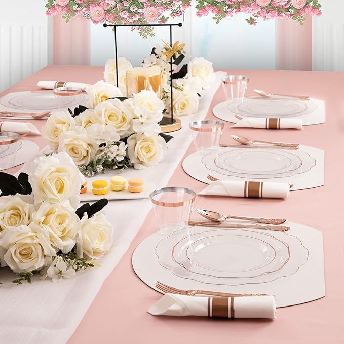 NOCCUR 350PCS Rose Gold Plastic Plates - Clear Rose Gold Disposable Dinnerware Set - Include 100 Dinner/Dessert Plates,50 Cups,50 Pre Rolled Napkins with Cutlery Set - Ideal for Party/Mother's Day