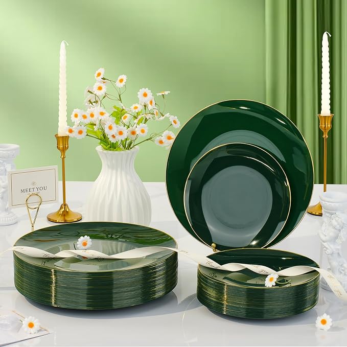 700 PCS Green Plastic Dinnerware Set, Green and Gold Rim Disposable Plates for Party, Include 200 Green Plates with 300 Plastic Cutlery, 100 Napkins and 100 Cups
