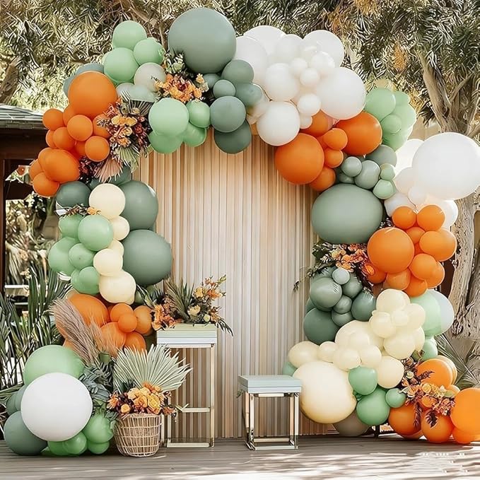 Dusty Green Orange White Balloon Garland, Double Stuffed Burnt Orange Sage Green Ivory Yellow Balloons Arch Kit for Baby Shower Gender Reveal Birthday Safari Jungle Party Decorations
