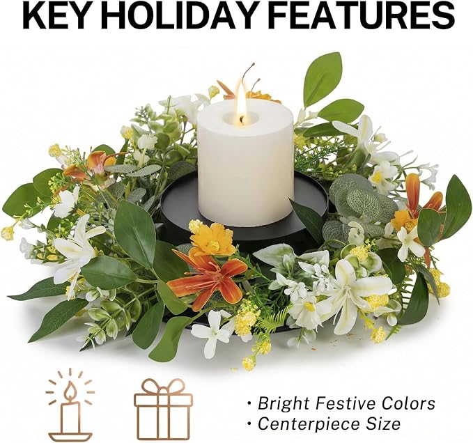 MOYEE Summer Centerpieces for Tables Candle Ring, Black Metal Candlestick with an Artificial Wreaths 14 in Versatile Dining Table Centerpiece Decor (an Orange and White Wreath)