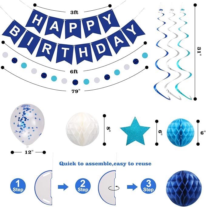 Birthday Decorations, Happy Birthday Banner, Happy Birthday Balloons, Honeycomb Balls, Star Hanging Swirls,Circle Dots Garland, Suitable for Man and Boys Birthday Decorations Prince Party (Blue)