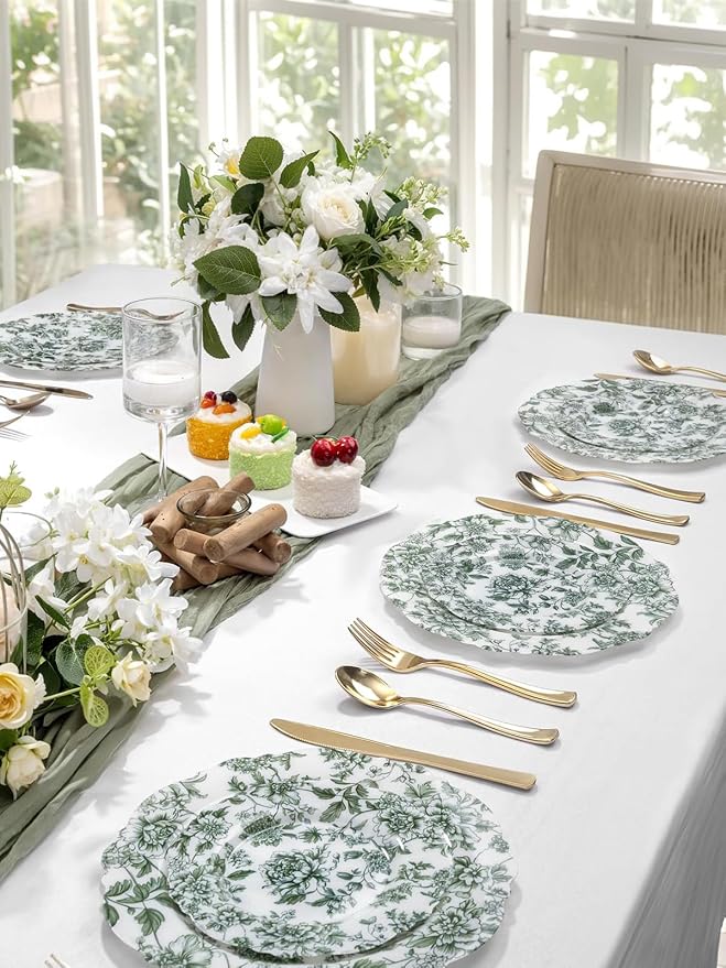 WDF 20PCS Green Plastic Plates Floral - Baroque White and Green Plates - Floral Party Decorations for Birthdays/Tea Party