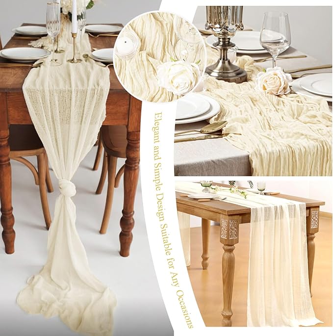 8 Pack Ivory Cheesecloth Table Runner 10FT Long Boho Gauze Fabric Table Runner Vintage Rustic Sheer Runners for Wedding Party Bridal Baby Shower Table Decorations