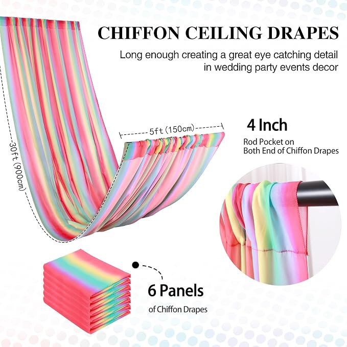DUOBAO Wedding Chiffon 5x30FT Rainbow Sheer Draping Fabric for Photography Backdrops, Soft Curtains for Arches, Christmas, and Indoor Events - 6 Panels
