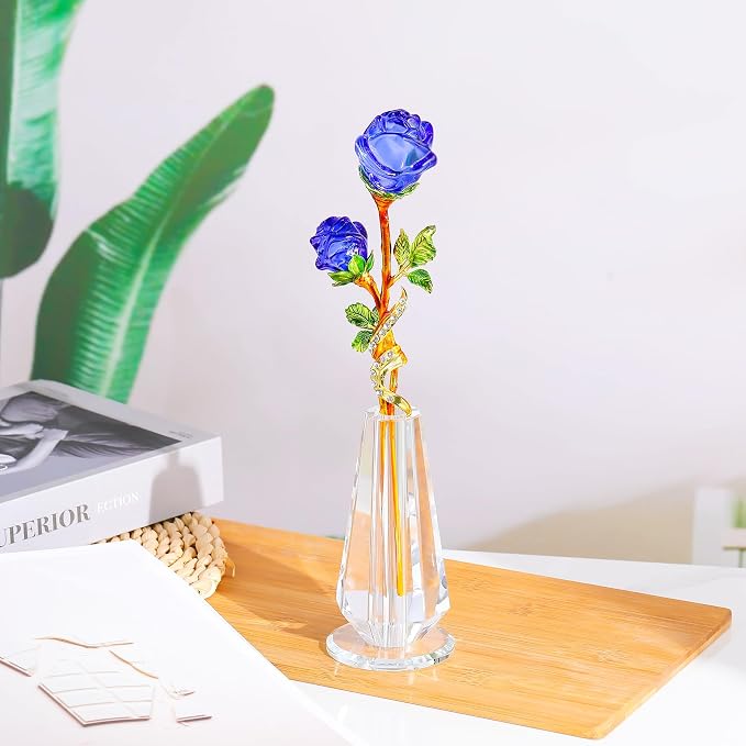 YWHL Handmade Crystal Blue Rose Flower Figurine with Vase, Bouquet Glass Flowers Ornament Rose Gifts for Girlfriend Sister Women, Crystal Flower Home Decor for Anniversary Mother's Day Wedding