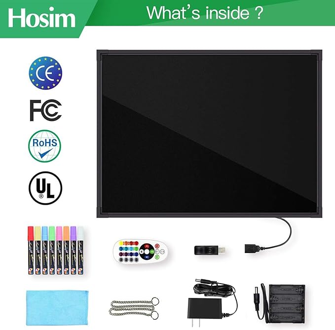 Hosim 32"x24" LED Message Writing Board, Neon Sign for Business & Restaurants, Illuminated Erasable Menu Board, 8 Colors Markers & 16 Lighting Colors, Flashing Light Up Display for Bar, Party, Wedding
