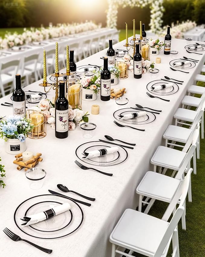 BESTVIP 175PCS Plastic Clear Black Plates for Party, Disposable Dinnerware Set for 25 Guests, 50 Plastic Plates, 25 Cups, 25 Pre-Rolled Napkins with Cutlery for Party, Christmas, Wedding