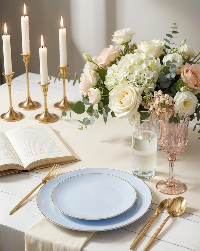 bUCLA 100PCS Light Blue Plastic Plates - Blue Disposable with Gold Rim - Include 50 Each (10 inch Dinner & 7 inch Dessert) Plates, Ideal for Party, Birthday & Spring