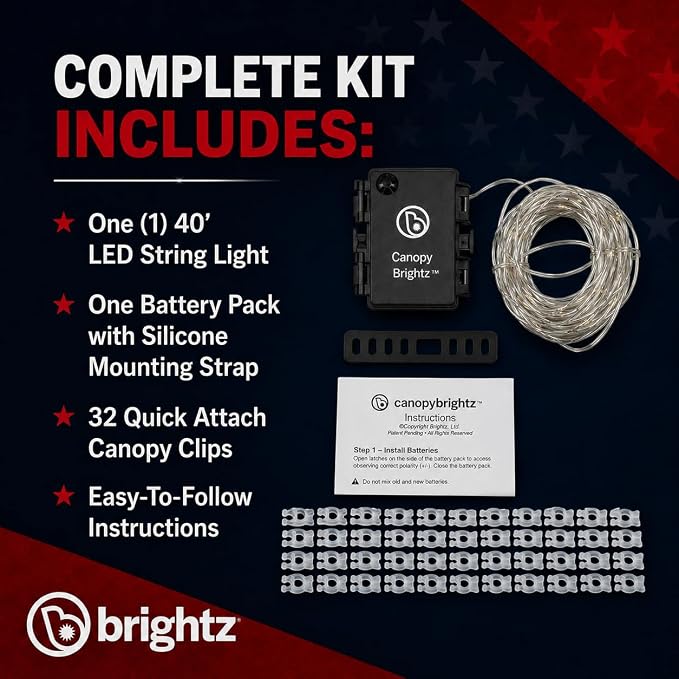 Brightz LED Patriotic Canopy Lights - 40 ft Red White & Blue String Lights - 4th of July Golf Cart Decorations - Made in USA with Globally Sourced Materials, Battery Powered 60 LEDs, 24+ Hour Runtime