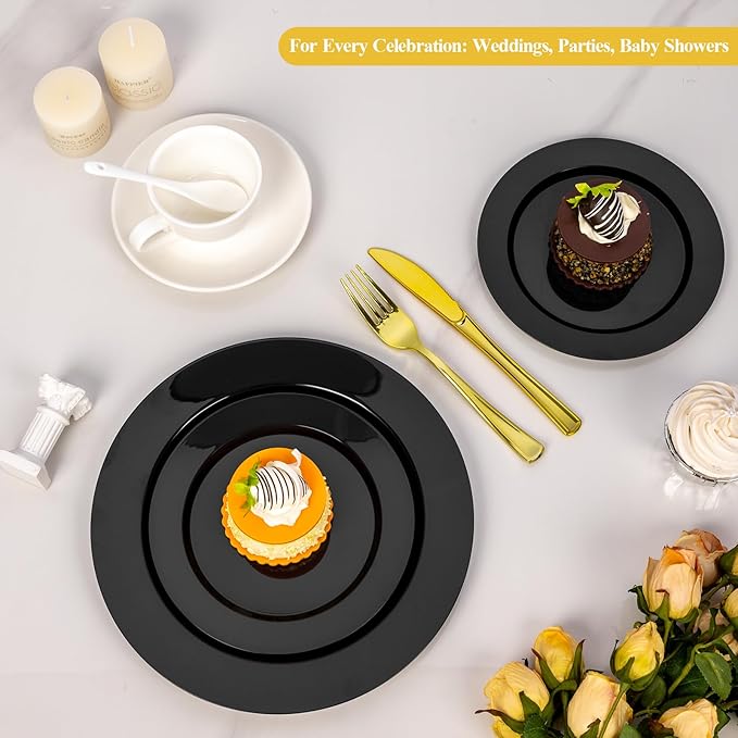 Goodluck 200PCS Black Plastic Plates, Heavy Duty Disposable Black Plates with 100 10.25 inch Dinner Plates and 100 7.5 inch Dessert Plates for Party, Holiday, Wedding