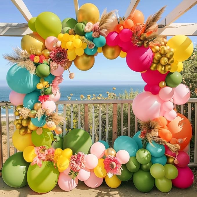 Tropical Balloons Arch Pink Green Orange Gold Balloons Pastel Yellow Teal Balloon Garland For Flamingo Beach Hawaiian Luau Aloha Summer Birthday Baby Shower Party Decorations