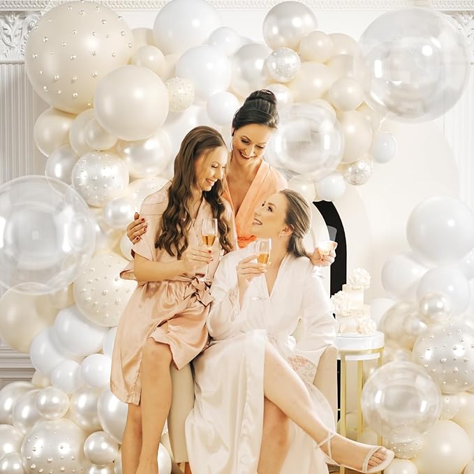 Pearl Balloon Arch Kit 210Pcs White Balloon Arch Garland Kit with Pearl Stickers Clear Balloons for Wedding Birthday Bridal Shower Engagement Baby Shower Party Decorations