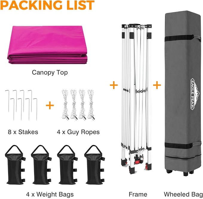 EAGLE PEAK Pop Up Canopy Tent with Wheeled Carry Bag, 8 Stakes, 4 Ropes, 4 Weight Bags, Easy Set Up Tent Canopy, 10x10 ft, 100sqft of Shade, Pink