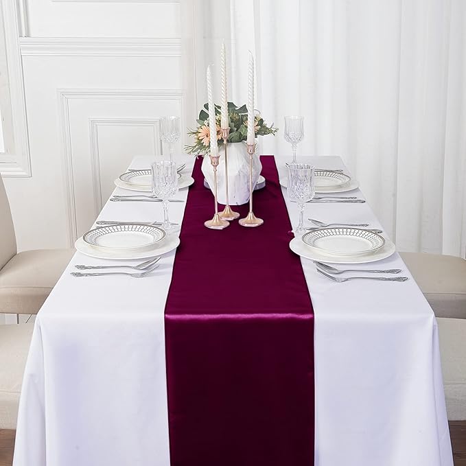 24Pack Table Runner 12 x 108 Inches Satin Silk Table Runner for Wedding, Birthday Party, Banquets, Graduations Decoration, fit Rectange and Round Table-Burgundy