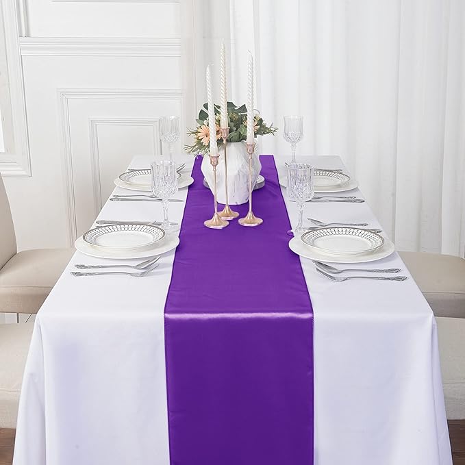 24Pack Table Runner 12 x 108 Inches Satin Silk Table Runner for Wedding, Birthday Party, Banquets, Graduations Decoration, fit Rectange and Round Table-Purple