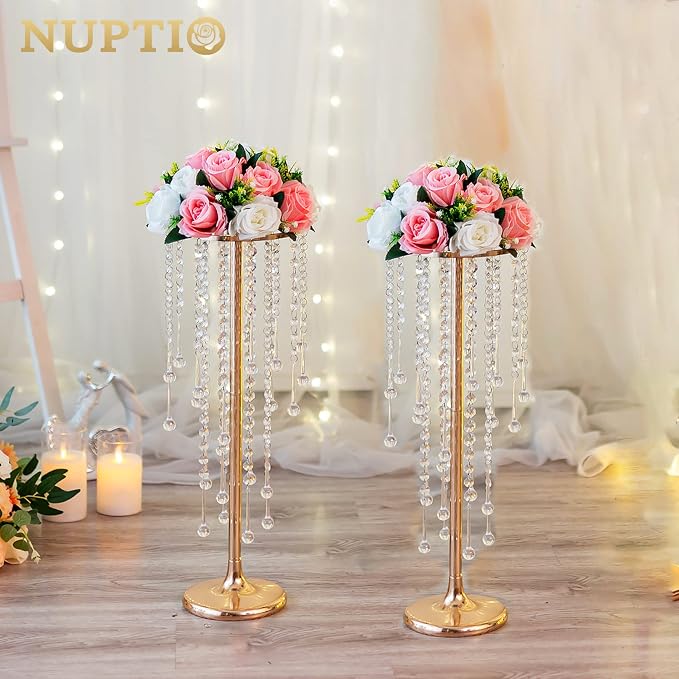 NUPTIO Gold Vases for Centerpieces Wedding - 10 Pcs 21.7in Tall Vase Centerpieces for Tables - Chandelier Flower Stand Bulk