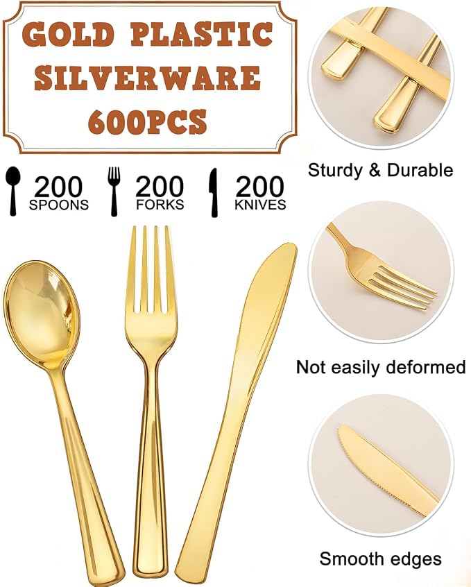 bUCLA 600 Pieces Gold Plastic Silverware - Disposable Gold Utensils - Heavy Duty Plastic Cutlery set- 200 Forks, 200 Spoons, 200 Knives for Party & Wedding