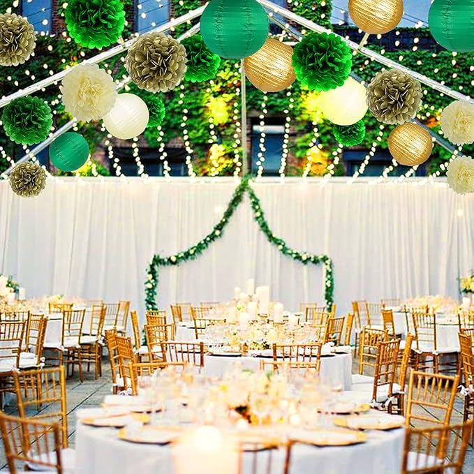 Green Gold Party Decorations, Hanging Paper Lanterns and Pom Poms Flowers for Woodland Baby Shower Graduation Green Birthday Party Decor 15 Pieces