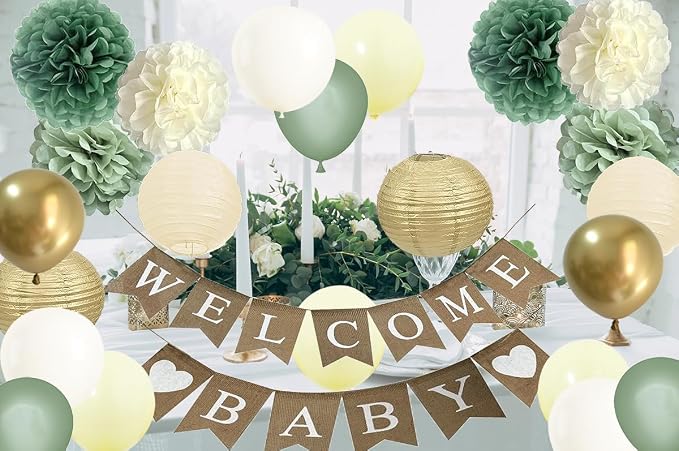 Welcome Baby Shower Decorations - Sage Green Beige Baby Gender Reveal Party Balloons Decor with Pre-strung Burlap Sign Banner Wall Hanging Supplies (Soft yellow + Sage + Gold)