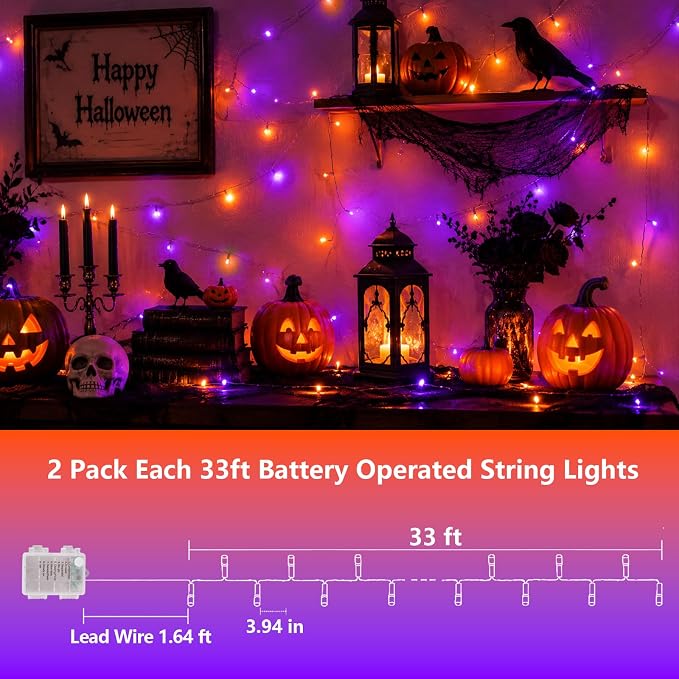 YEGUO Battery Operated Halloween Lights, 2 Pack Each 33ft 100 LED Orange and Purple String Lights Outdoor Waterproof, 8 Modes Clear Wire Christmas Twinkle Lights Indoor with Remote
