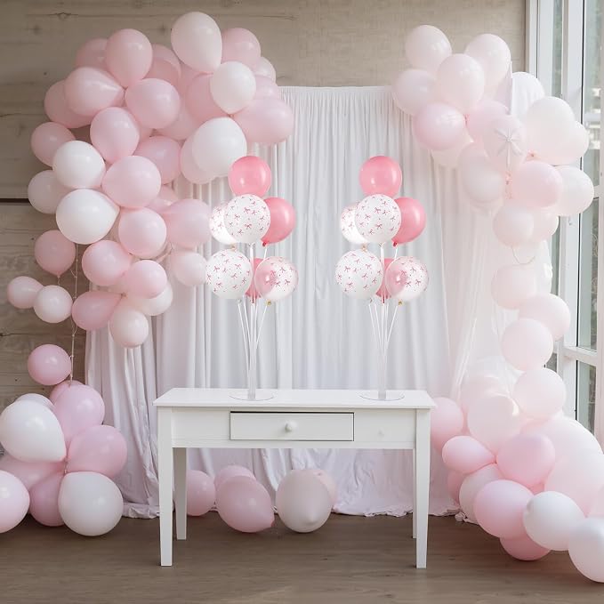 VioraWhite 8 Set Balloon Stands Kits, Sticks Holder with Base and Balloon for Table Centerpieces Party Decoration for Birthday Baby Shower Fiesta Carnival Wedding Graduation Party(Pink Bow)