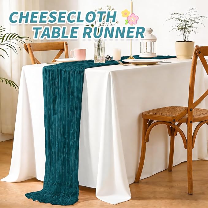 Pesonlook 12 Pack Cheesecloth Table Runner,Teal Table Runner Long Romantic Semi Sheer Rustic Boho Gauze Table Runners for Wedding Bridal Shower Birthday Party Decorations(17.7×108 Inch)