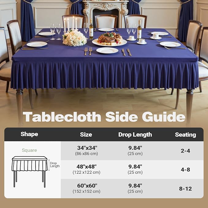 60x60 Inch Navy Blue Spandex Square Tablecloth,Wrinkle Free Navy Blue Fitted Table Cloth for Square Tables,Washable Pleated Table Cover for Wedding Birthday Cocktail Party Buffet Dinner Camping