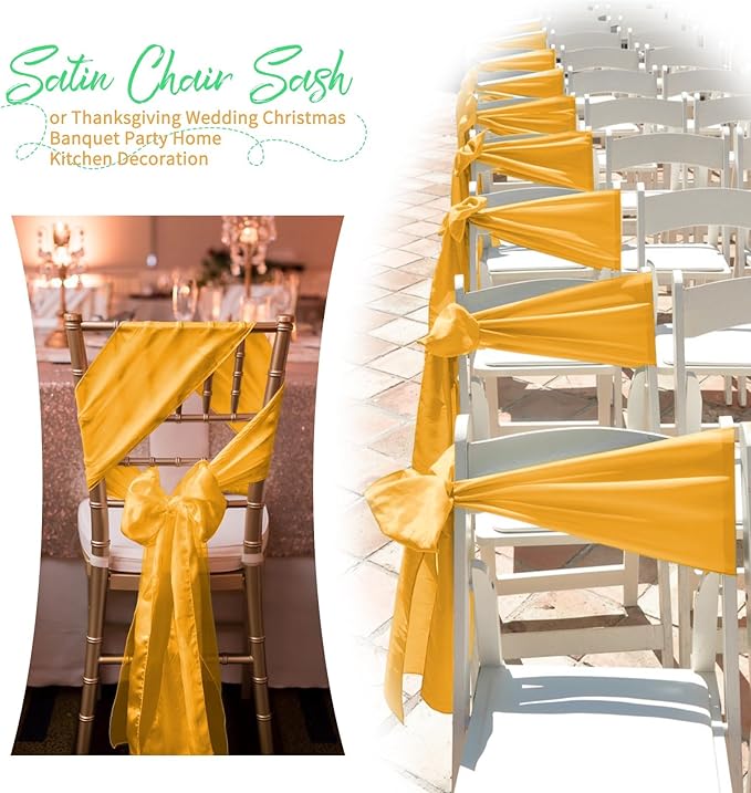 120 PCS Gold Satin Chair Sashes, Ties Bows Designed Chairs Decorative, Chair Cover Sashes for Thanksgiving Wedding Christmas Banquet Party Home Kitchen Decoration (7 x 108 inch)