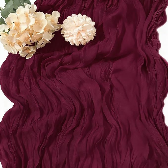 Burgundy Valentine's Day Cheesecloth Table Runner 21x120 Inch Gauze Table Runners Reusable Polyester 10ft Boho Rustic Cheese Cloth Table Runner for Wedding Party Baby Shower Birthday