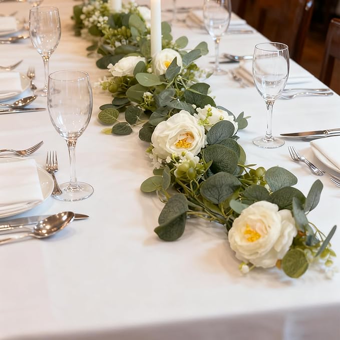 4-Pack Artificial Eucalyptus Garland with Flowers, Total 23.6FT 24 White Roses Baby's Breath Garland Floral Greenery for Wedding Party Centerpiece Table Runner Backdrop Wall Decor