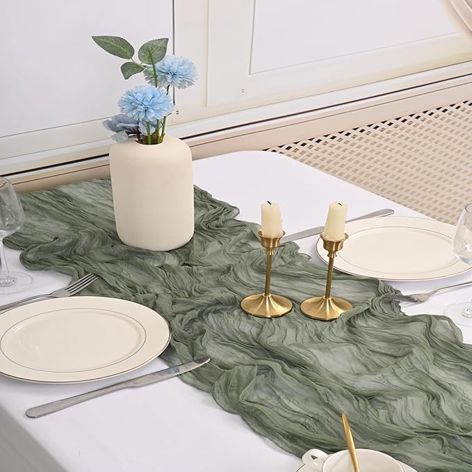 10 Pack Sage Green Cheesecloth Table Runner 10FT Boho Gauze Fabric Cheese Cloth Table Runners for Wedding ,Party,Baby Shower, Bridal Party, Rustic Farmhouse and Table Decorations