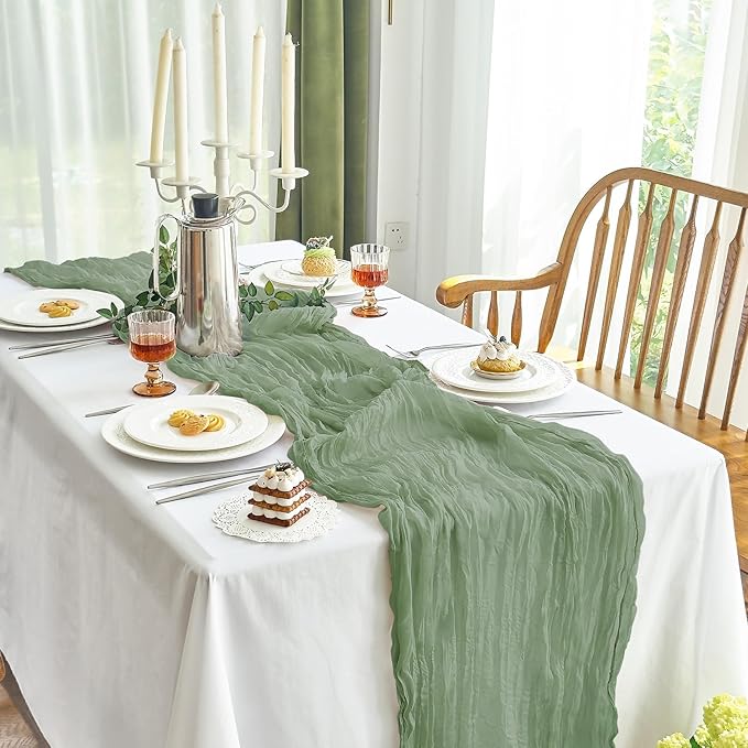 IVAPUPU 6 Pcs Cheesecloth Table Runner - 10ft Sage Green Spring Boho Gauze Cheese Cloth Table Runners for Baby Shower Decorations Wedding Party Garden Farmhouse