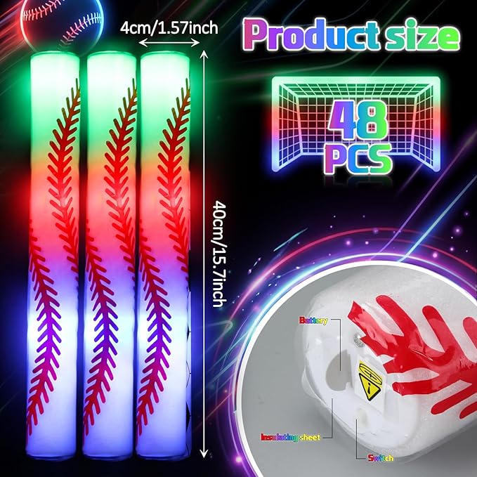 JellyArch 48 Pcs Sports Party LED Foam Sticks Baseball Foam Light up Cheer Sticks Batons with 3 Flashing Modes for Sports Events Birthday Parties Baseball Match Celebrations