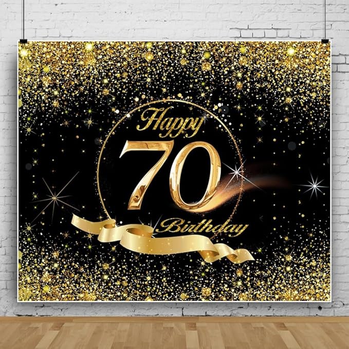 70th Birthday Backdrop Banner 8x6ft Men Black Gold 70th Birthday Decoration Background Men Women Bday Party Celebration Photos Cheers to 70 Years Old Party Backdrop