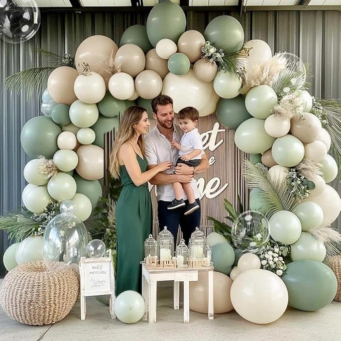Dusty Green White Balloon Arch Kit Double Stuffed, Sage Mint Green Sand Ivory Boho Balloon Garland with Clear Bobo Latex for Neutral Baby Shower Bridal Wedding Birthday Woodland Party Decoration