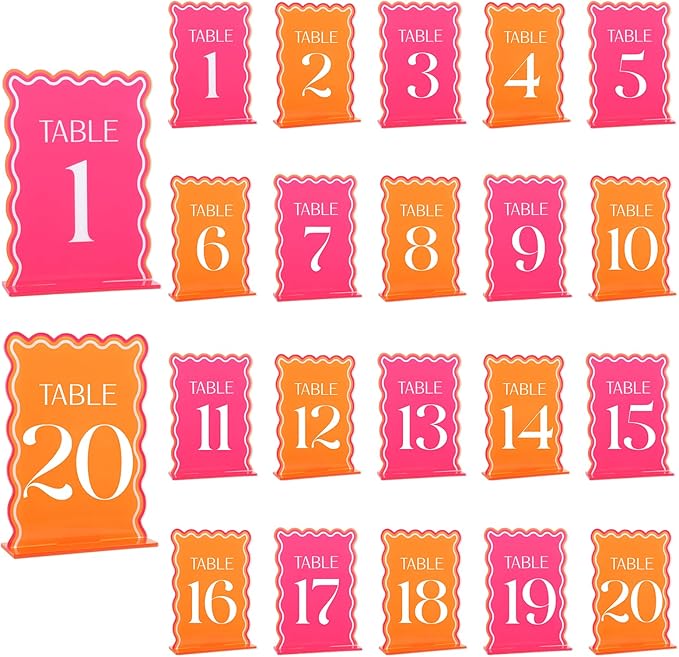 Wedding Acrylic Table Number 1-20 with 20Pcs Stands Pink & Orange, 5"x7" Elegant Place Card Centerpiece Decorations for Indoor Outdoor Wedding Bridal Shower Anniversary Party Reception