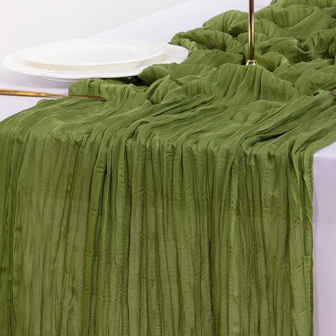 Socomi 3pcs Campsite Green Summer Cheesecloth Table Runner Boho Rustic Gauze 120 inch 10FT Cheese Cloth Sheer Runner for Wedding Party Baby Shower Birthday Home Decor Holiday Decorations