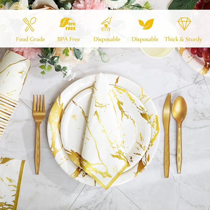 Bokon 350 Pcs Gold White Party Supplies Disposable Dinnerware Set Include 100 Plates 50 9 oz Paper Cup 50 Sets Spoon Fork Knives 50 Napkin for 50 Guests Wedding Birthday Valentines Party Decoration