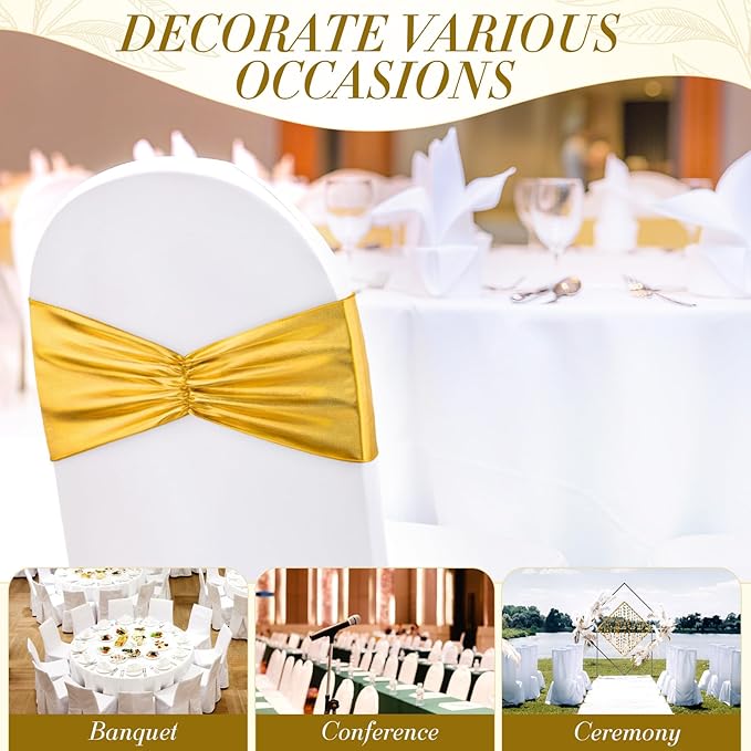 Hahafelt 100 pcs Chair Sashes Shiny Bow Spandex Bands for Chair Wedding Banquet Parties Reception Restaurant Decoration, Gold