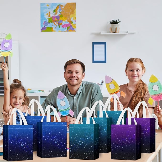 Locmeo 36 Pcs Galaxy Party Favor Gift Bags Starry Sky Goodie Space Star Reusable Bags Non Woven Starry Night Candy Treat Totes Graduation Gift Bag Birthday Party Decorations, 8 x 4 x 10 Inch