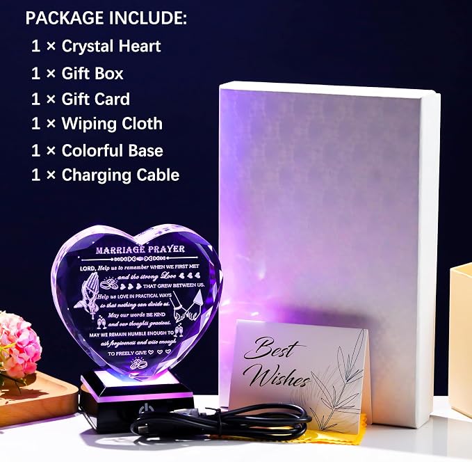 Arikyrist Wedding Gifts for Couples 2026 with Colorful LED Base Heart Happy Anniversary Marriage Prayer Gift with Inspiring Quotes Unique Newlywed Mr and Mrs Engagement Gift Bridal Shower Gifts