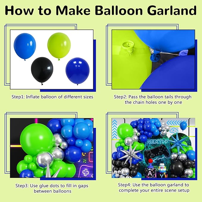 Video Game Balloon Arch Garland Kit, 125pcs Dark Blue and Green Black Silver Balloon with Royal Blue Silver Explosion Star Foil Balloons for Boys Gaming Night Birthday Baby Shower Party Decorations