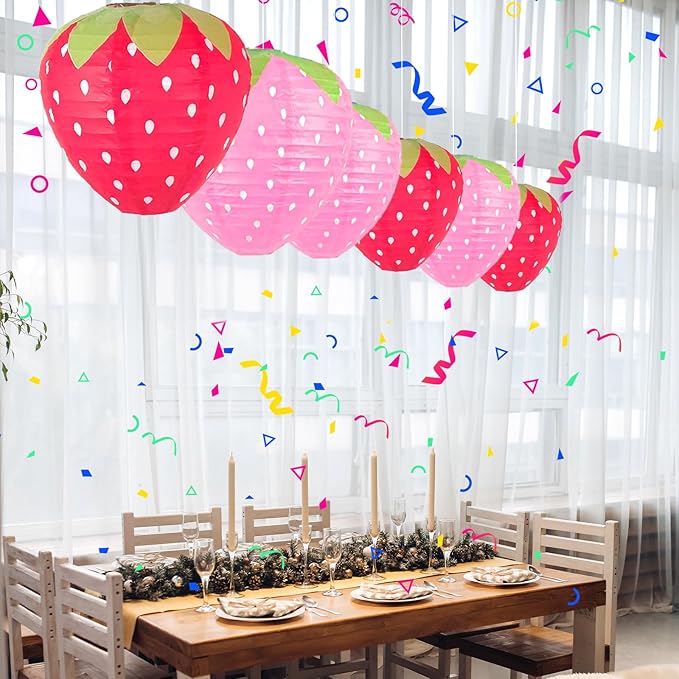 12 Pack Strawberry Paper Lanterns Paper Fan Party Decorations - Hanging Birthday Lantern Decor Fruit Themed Parties Strawberry Decorations Lanterns For Garden,Yard,Lawn,Etc.