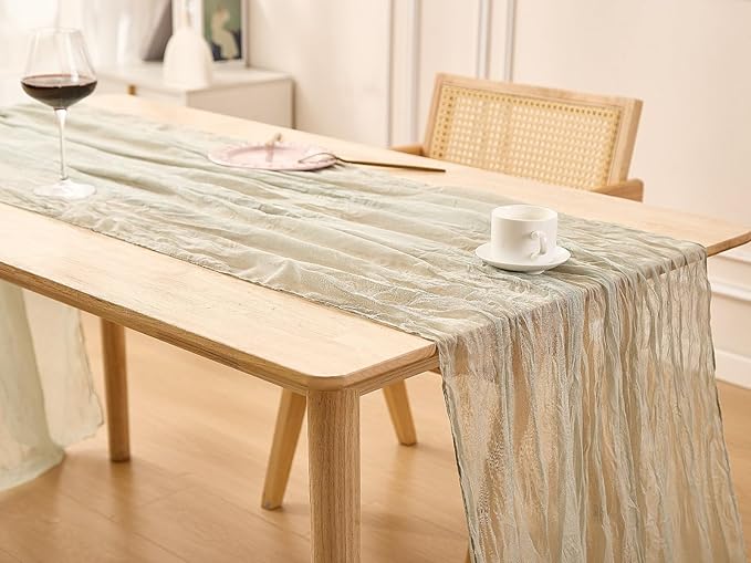Sage Green Spring Table Runner Boho Cheesecloth Table Runner 120 inches Crinkled Gauze Sheer Mother's Day Table Centerpieces for Wedding Ceremony Anniversary Bridal Baby Shower Banquet